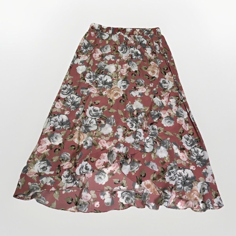 Floral Midi Skirt Boho Chic Cottagecore Y2K Pink White Ruffle Hem Sz M Flowy